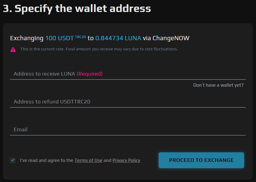 Specify the Wallet Address