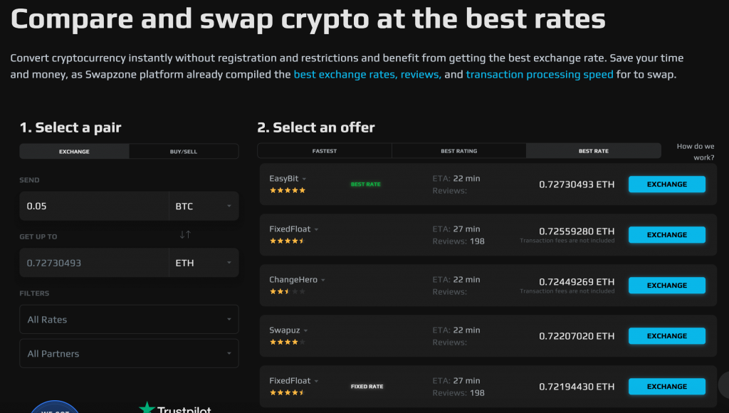 Swapzone - instant crypto exchange aggregator